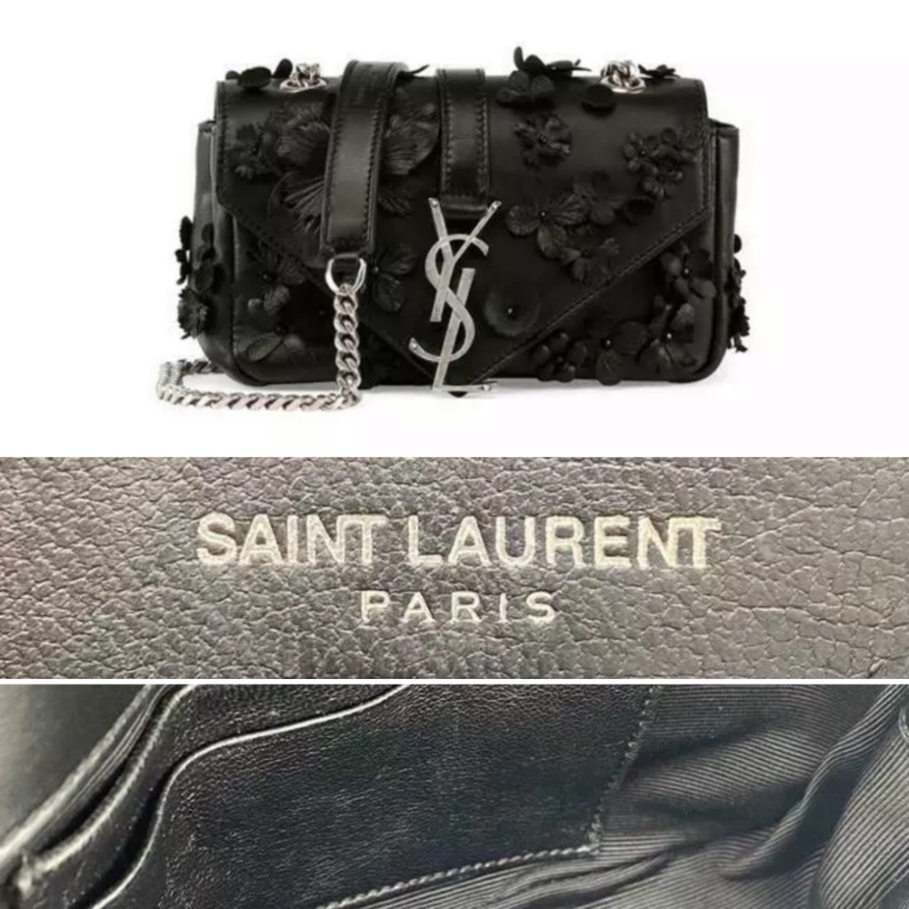 YSL Floral Embellished Baby Black Leather Bag